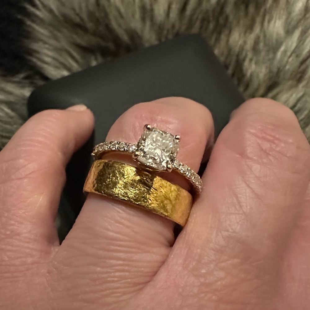 1.21 Carat Cushion Moissanite Engagement Ring sz 7.25 18 k yellow gold